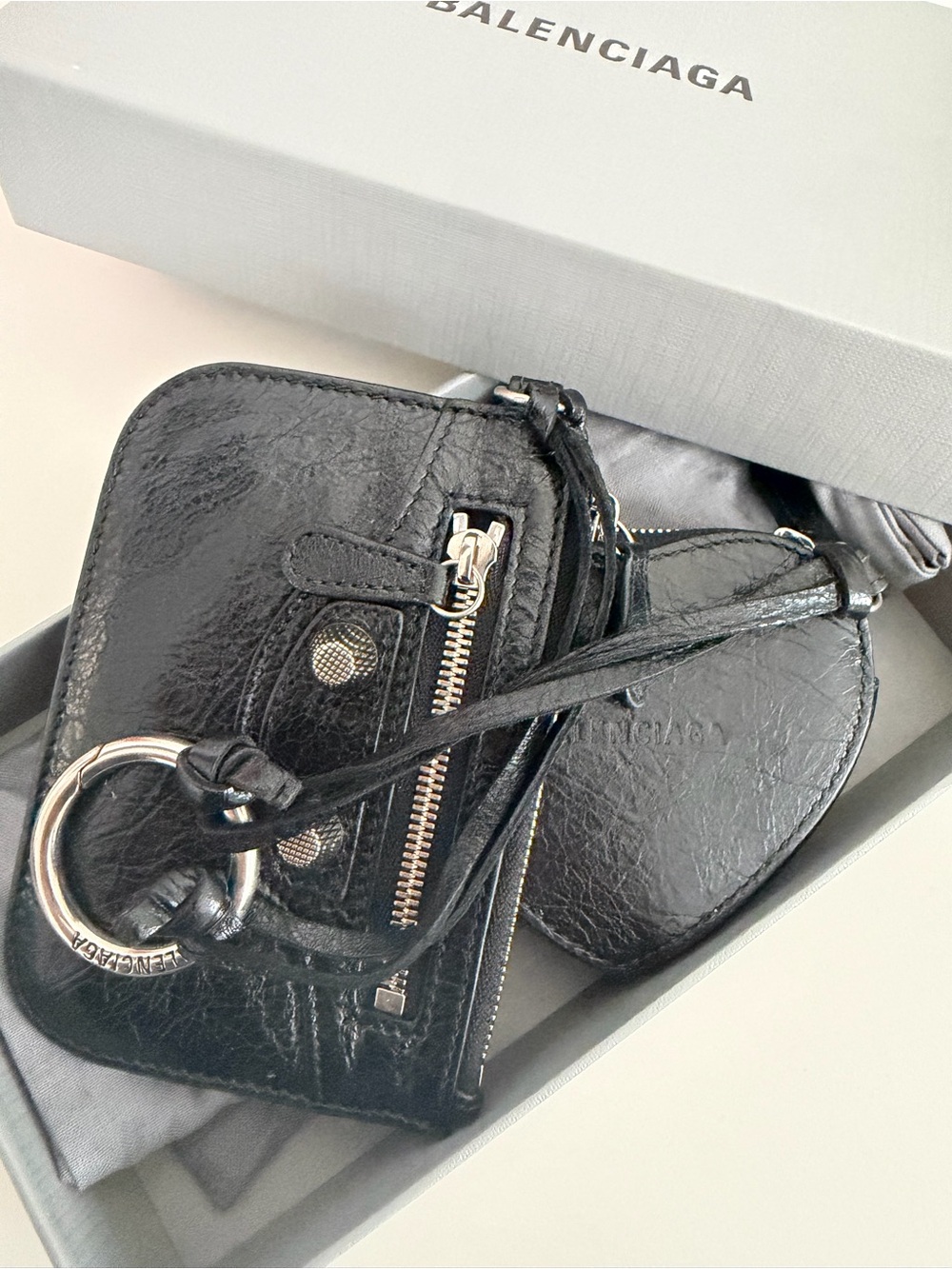 Balenciaga Black Crinkled Leather Mini Crossbody Wallet with Coin Pouch